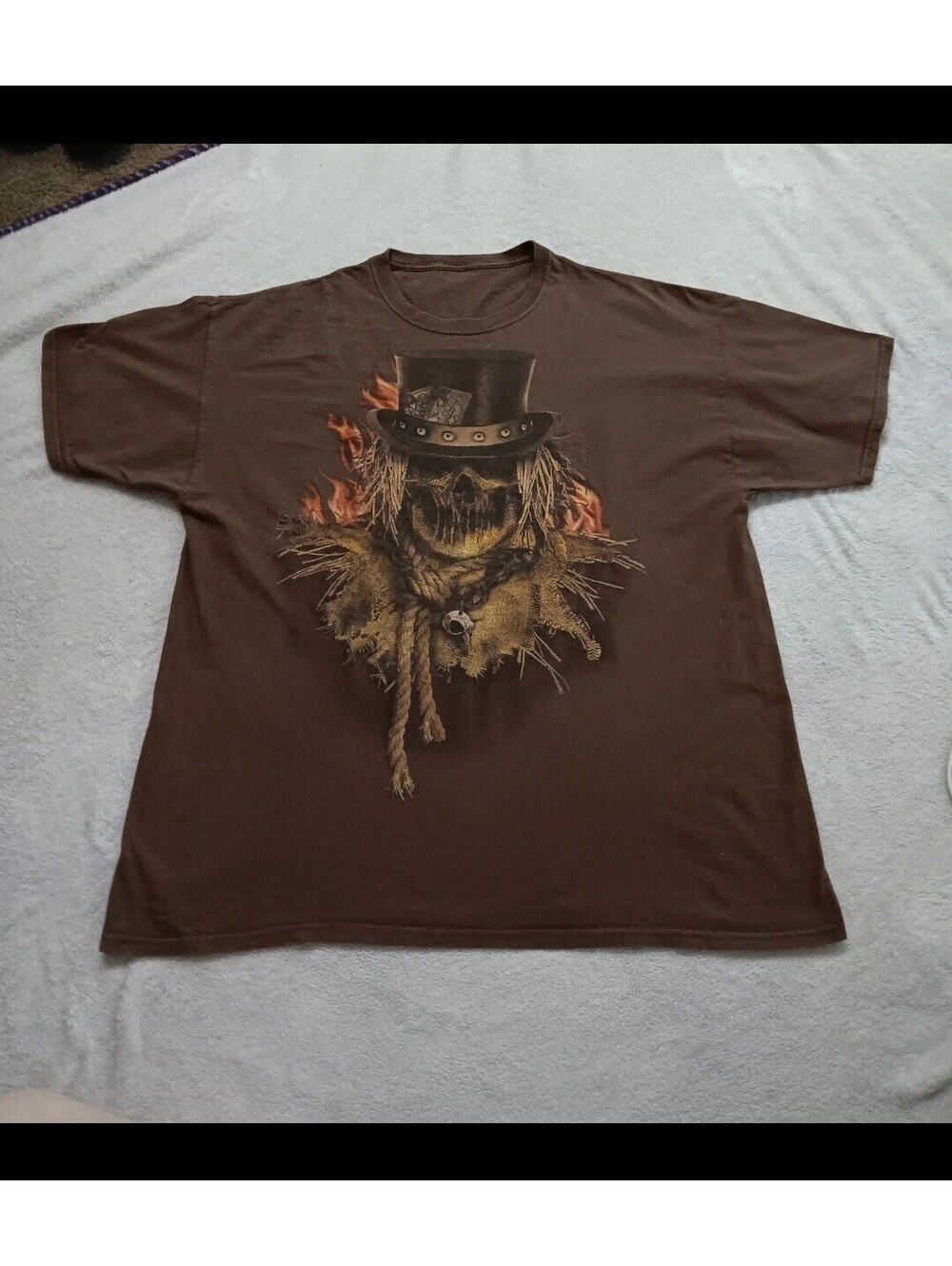 Adult L brown t-shirt w/flaming skull scarecrow wearing a top hat playing cards